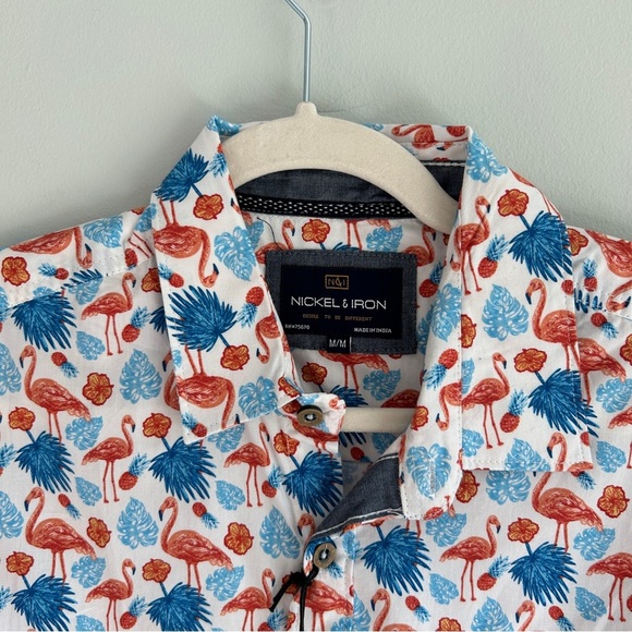 NWT Nickel & Iron White Flamingo All Over Print Short Sleeve Button Up Medium - Picture 7 of 11